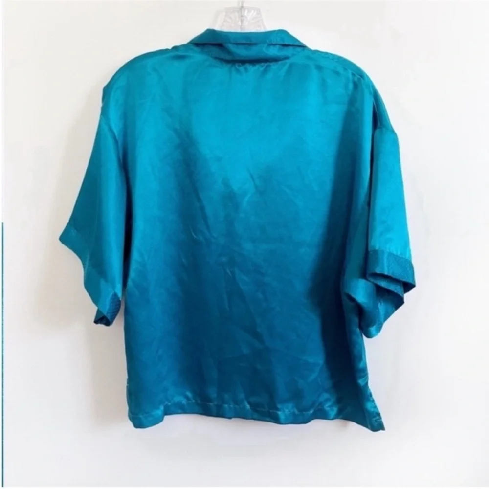 Victoria's Secret pajama top teal blue satin button front vintage gold label